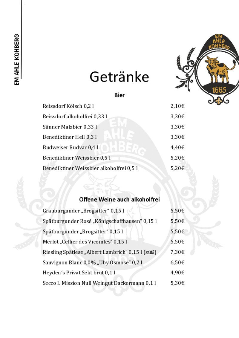 Foto der Getränkekarte